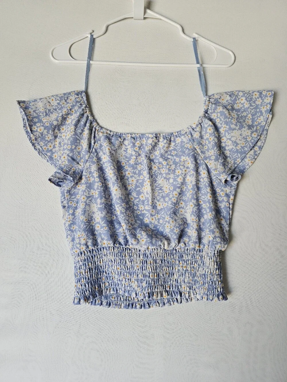 Monteau Blue Floral Smocked Crop Top Off The Shoulder XL